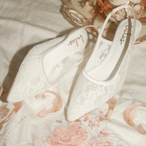 Lulus Shoes - Lulus Lilas White Lace Pointed Toe Slingback Kitten Heel Pumps